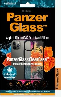 The image shows the retail packaging for a PanzerGlass ClearCase for an iPhone 12/12 Pro.