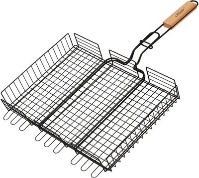 Produktbild von Grillrost mit Holzgriff Verschließbar 25x30cm Grillgitter Ersatzrost Doppelgrill Grillgitter Ersatzrost BBQ Stahl mit Teflon-Beschichtung