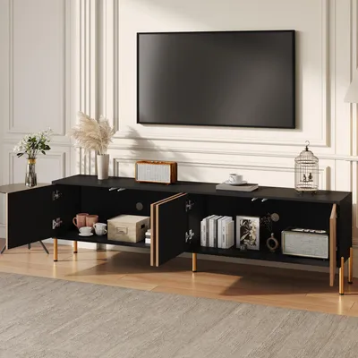 Obrázek produktu pro MODFU Moderní TV skříň / TV stojan se čtyřmi dvířky, nízká TV skříňka s bezúchytkovým designem a trojrozměrným povrchem, černá a přírodní