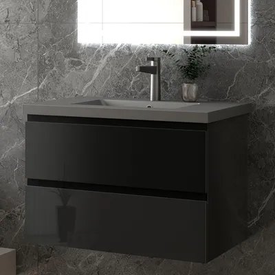 Produktbild von 80 cm Badmöbel-Set Unterschrank mit Dunkelgrau Mineralguss Waschbecken 2 Schubladen soft-close Hochglanz Schwarz Selbstmontierter