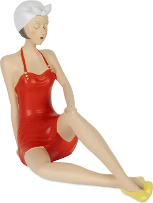 Zdjęcie produktu dla Retro figurka kąpielowa siedząca czerwona z białym czepkiem kąpielowym i żółtymi butami wykonana z polyresin - nostalgiczna figurka damy w kostiumie kąpielowym vintage - ok. 19,5 x 7 x 15,5 cm