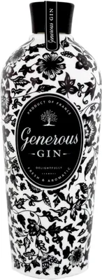 A bottle of Generous Gin with a black and white floral pattern.