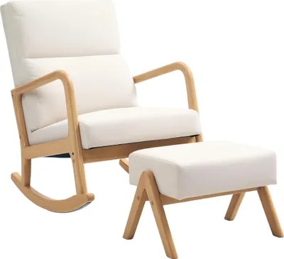 Image de Fauteuil à bascule Fortuna Lai avec repose-pieds, fauteuil relax aspect lin, fauteuil à bascule avec pieds en bois, fauteuil à bascule pour chambre à coucher, salon, charge maximale 150 kg, blanc crème