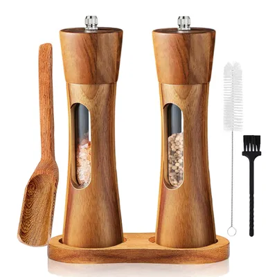 Produktbild von Salz und Pfeffermühle Holz Set Manuelle Pfeffermühle Keramikmahlwerk Gewürzmühle Salzmühle mit untersetzer Verstellbarem