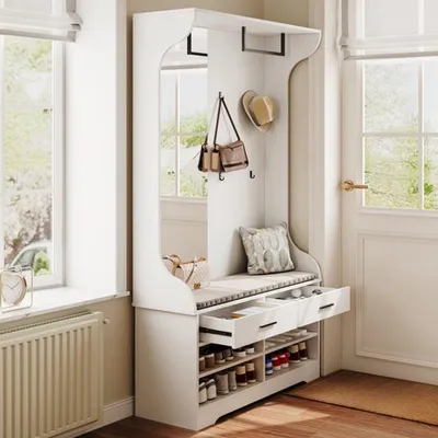 Image de Porte-manteau multifonction en bois - Armoire ouverte avec miroir et compartiment à chaussures - Gain de place