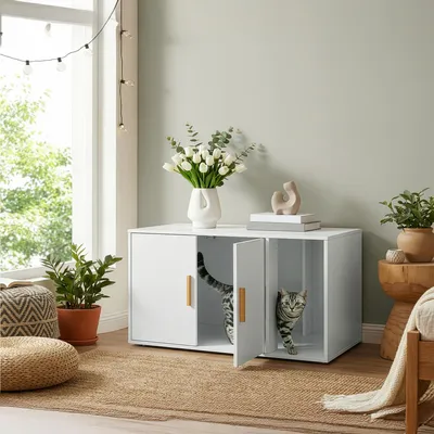 Produktbild von FEANDREA Katzenhaus mit Doppeltüren, Katzenklo-Schrank, Beistelltisch, Vordereingang, 80 x 50 x 45 cm, weiß