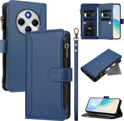 Image de Etui pour Xiaomi Poco M7 5G, zippé, étui portefeuille en cuirPolyuréthaneavec poches pour cartes, support et dragonne bleu