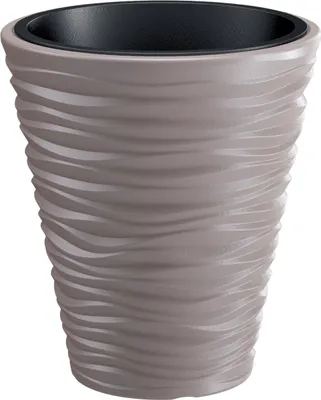 A beige planter with a textured, wavy design and a black inner liner, shown against a white background.