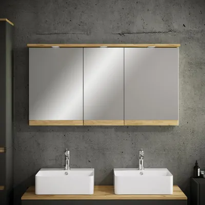 Produktbild von VCM Badspiegelschrank mit Beleuchtung und Steckdose – Spiegelschrank Bad mit 3 Türen und 4 Fächern – Badezimmerschrank hängend – H. 59 x B. 110 x T. 23 cm, Cosila