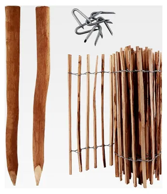 Produktbild von 5m Komplettset Staketenzaun 120cm hoch mit Lattenabstand 4-6cm, 5 Holzpfosten 1,5m lang und Krampen, Kastanienzaun aus Haselnuss, robuster Holzzaun