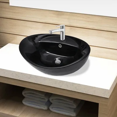 Immagine prodotto di Lavabo in ceramica foro rubinetto/foro sfioratore nero ovale