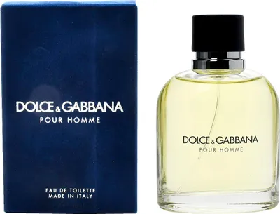 A box of Dolce & Gabbana Pour Homme Eau de Toilette and the perfume bottle are displayed side-by-side against a white background.