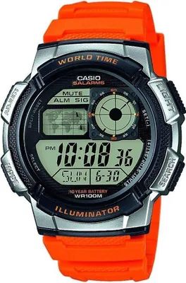 A close-up studio shot of a Casio World Time Illuminator watch with an orange strap.