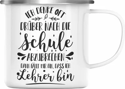 Produktbild von Trendation - Lehrer Emaille Tasse Spruch Geschenk Emaille Emaille Tasse Geschenkidee für Deutschlehrer, Englischlehrer, Mathelehrer, Klassenlehrer (Silber)