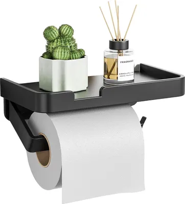 Produktbild von Toilettenpapierhalter Wandmontage, Schwarz Aluminium, 2-in-1 Ablage, Badezimmer Zubehör