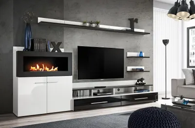 Produktbild von Wohnwand TV-Ständer Kommode mit eingebautem Kamin Designer Möbel Moderne