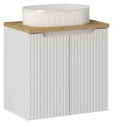 Immagine prodotto di Insieme VANO bianco 60cm: mobile sotto lavabo con armadietti + piano per lavabo in rovere chiaro + lavabo da appoggio scanalato bianco