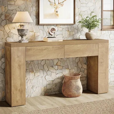 Image de Table console de 160 cm avec 2 tiroirs, table d'entrée étroite avec rangement, table basse en bois, style rustique, couleur marron