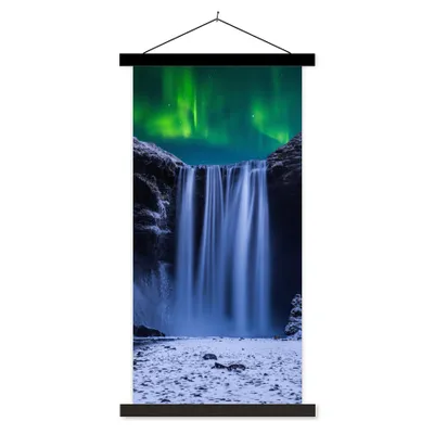 Produktbild von MuchoWow® Textilposter Nordlichter - Wasserfall - Schnee - Island 60x120 cm mit schwarzem Rahmen - Magnete