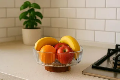 Produktbild von Saladeschale aus geripptem Glas mit Holzfuß und blütenförmigem Rand, 26 cm, 2,9 l