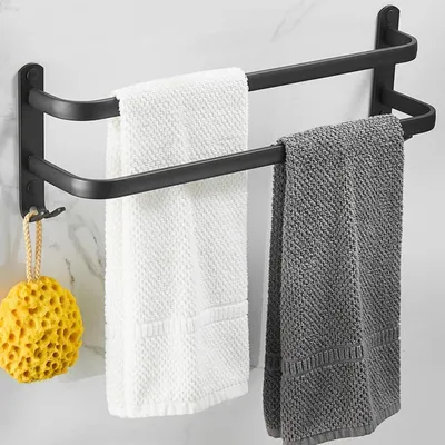 Obrázek produktu pro Držák na ručníky, černý matný, 50 cm, dvě tyče, montáž na zeď (lepením nebo vrtáním), hliníková slitina