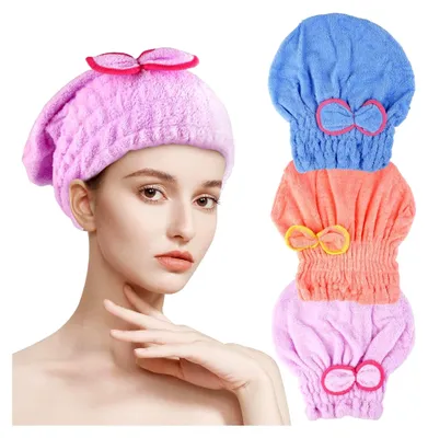Produktbild von 3 Stück Niedliche Haarhandtücher mit Schleife in Blau, Pink und Lila