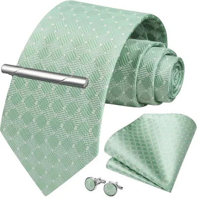 Produktbild von Herren Krawatten-Set mit Einstecktuch, Manschettenknöpfen und Krawattenklammer, Salbeigrün