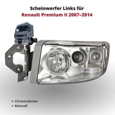 Imagen del producto de Faro delantero izquierdo para Renault Premium II, modelos 2007-2014. Marco cromado. Ajuste manual. Número de pieza OEM: 5010578452