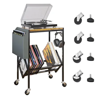Obrázek produktu pro Stojan na vinylové desky AIORBER s kolečky, stolek na gramofonové desky s úložným prostorem, design ve tvaru V, vysoká nosnost, černý