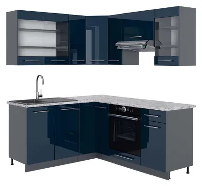 Productafbeelding van Hoekkeuken Vicco Fame-Line Donkerblauw hoogglans/Antraciet 190 x 160 cm, WB Marmer, Model 49737