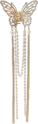 Produktbild von Haarspange für Damen, Schmetterlingsform, lange Quaste, ausgehöhlter Strass, Kunstperlen, Haarschmuck, Foto-Requisite, rutschfest, Haarklammer für Braut und Dame, Haar-Accessoires, golden