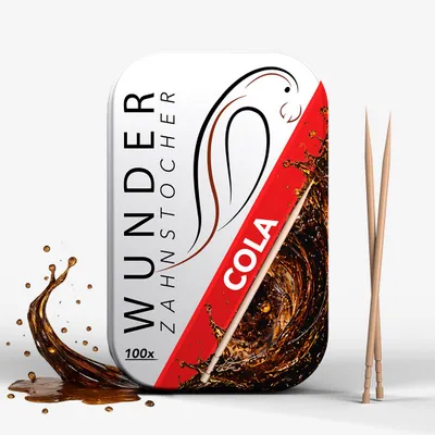 Produktbild von Wunder Zahnstocher mit Geschmack - Cola - 100 Stück - Metallbox - zuckerfrei - vegan - frischer Atem - Alternative zu Kaugummi
