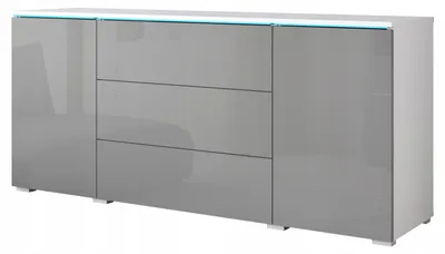 Zdjęcie produktu dla komoda 150 do salonu szuflady i szafki biały/szary połysk z LED