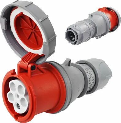 Three industrial electrical connectors are shown against a white background. One connector is open, revealing its internal pins, and its protective cap is lifted.