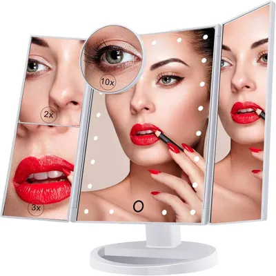 Produktbild von Dreifach vergrößernder Kosmetikspiegel mit 21 LEDs, 10x/3x/2x beleuchteter Spiegel mit Touchscreen, dualem Netzteil, 180° drehbar