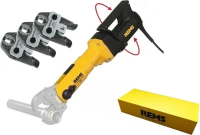 A product shot of a radial press tool and its accessories, along with a branded box.
