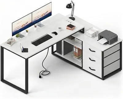 Produktbild von Schreibtisch mit Schubladen, 140x105x75cm, L Form Reversible Eckschreibtisch mit 2 USB-Ladeanschlüssen und 2 Steckdosen,Gray