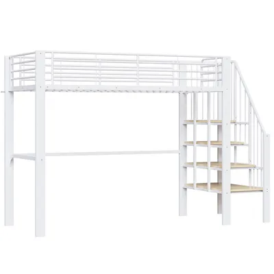 Produktbild von Merax Etagenbett 90x200cm mit Stauraum und Treppe, Hochbett mit stabile Metallkonstruktion, ideal für Kinder und Erwachsene, Stauraumbett, Weiß