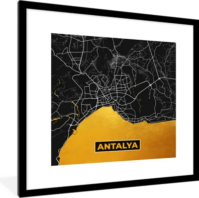 Produktbild von MuchoWow® Gerahmtes Poster Antalya - Gold - Karte - Stadtplan 40x40 cm - Poster mit Schwarzem Bilderrahmen Wandposter Rahmen Foto Bilder - Poster - Plakat im Rahmen