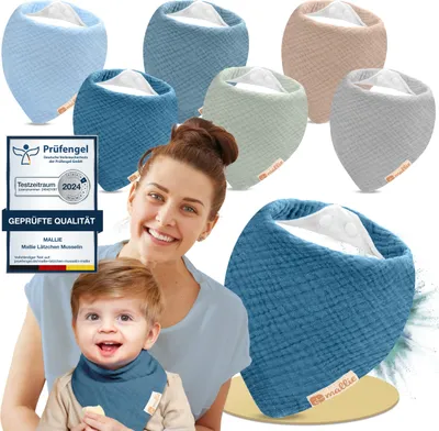 Produktbild von Mallie® Musselin Lätzchen Baby im 6er Set | Als Bibs, Dreieckstuch Baby, Baby Lätzchen | Musselin Halstuch Baby, Musselintücher Baby und Babylätzchen