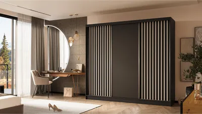 Zdjęcie produktu dla Szafa z lamelami LINEA 240 cm Czarna szafa przesuwna z białymi lamelami na froncie Gładka trzydrzwiowa szafa z lamelami Szafa na ubrania z szufladami i lamelami