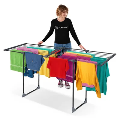 Image de KADAX Grand séchoir à linge télescopique, support à linge à ailes en acier revêtu par poudre (noir)