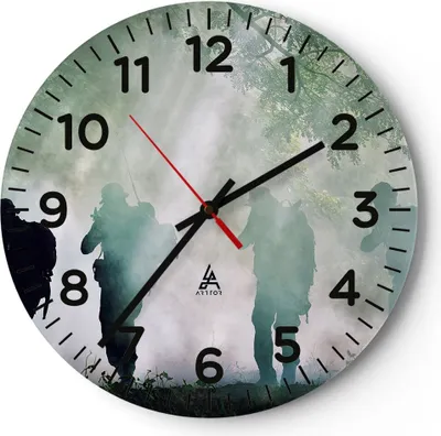 Produktbild von Wanduhr - Rund - Glasuhr - Soldat Gewehr - 30x30cm - Schleichendes Uhrwerk - Lautlos - zum Aufhängen bereit - Dekoration Modern - Wanddekoration aus Glas - C4AR30x30-3976