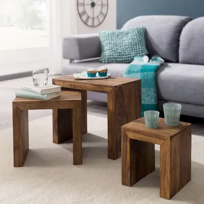Immagine prodotto di FineBuy Set da 3 tavolini in legno massello di sheesham, tavolino da salotto in stile rustico, tavolino da salotto in legno naturale marrone, prodotto naturale, mobili da salotto