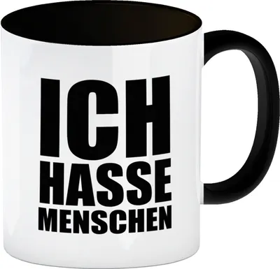 Produktbild von Ich hasse Menschen Kaffeebecher Henkel und Innenseite Schwarz