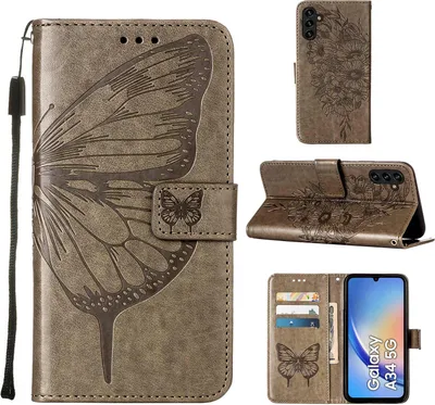 Produktbild von Lederhülle für Samsung Galaxy A34 Schmetterling Prägung Flip Ledertasche Kartenfächer Handyhülle mit Ständer Grau