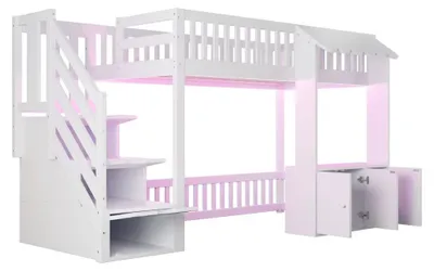 Image de Lit superposé 90 x 200 cm - Avec espace de rangement - Armoire - Tiroirs - Escalier - Barrière de sécurité - Blanc