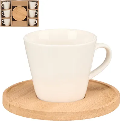 Produktbild von VESSIA | Becher - 6 x 90 ml - Set mit 6 Tassen mit Bambusuntersetzer - Glatt - weiß