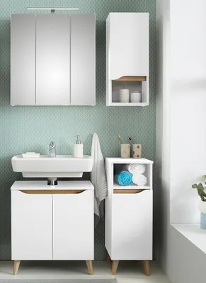 Produktbild von Badezimmer Set, 4-teilig, mit Füßen in Holzoptik QUEIMADOS-66 in Weiß Glanz mit Weiß Hochglanz, B/H/T ca. 95/200/33 cm