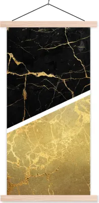 Produktbild von MuchoWow® Textilposter Marmor - Schwarz - Gold 60x120 cm mit holzfarbenen Rahmen - Holz